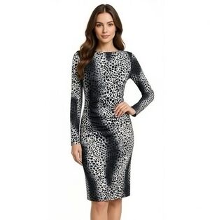 Carmen Marc Valvo Black Gray Leopard Print Ruched Midi Dress Women's Size M